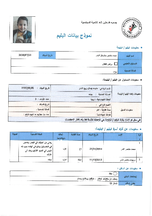 صورة    استمارة كفالة اليتيم مجد منتصر سليمان النذر