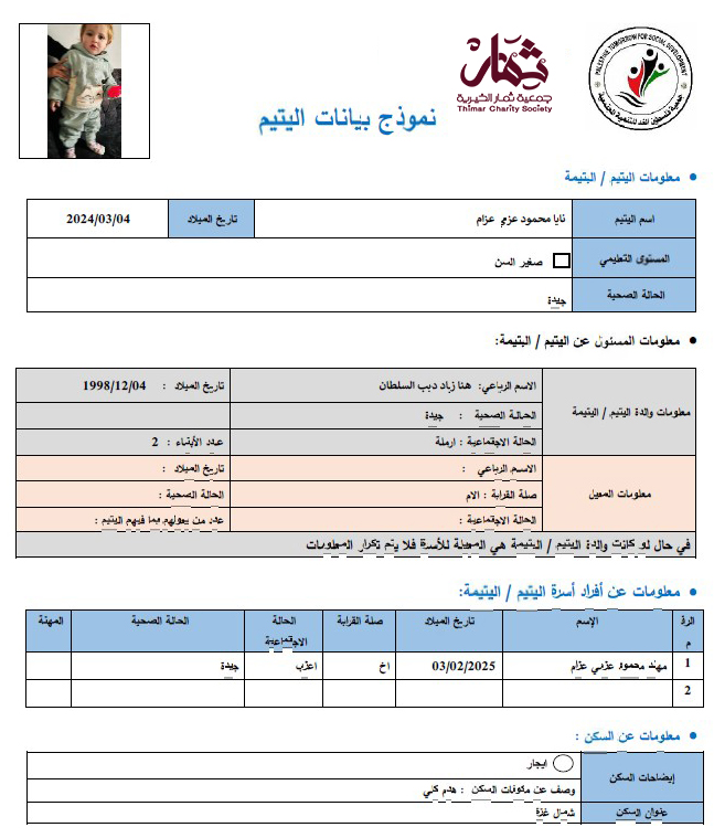 صورة  استمارة كفالة اليتيم نايا محمود عز عزام